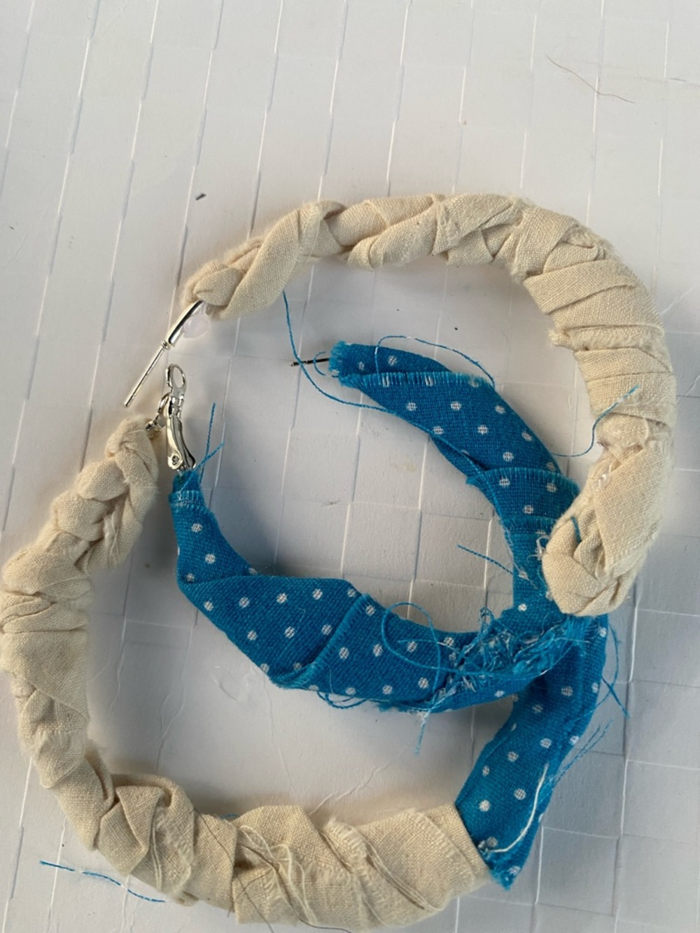 Handmade Blue Polka Dot and Cream Fabric Wrapped Hoop Earrings